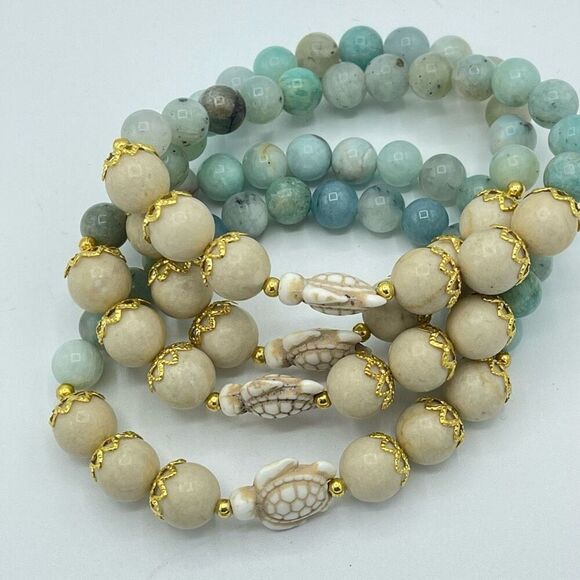 Crystal beaded stretch bracelet ONE NEW white jade turtle Amazonite meditation y - Picture 6 of 9